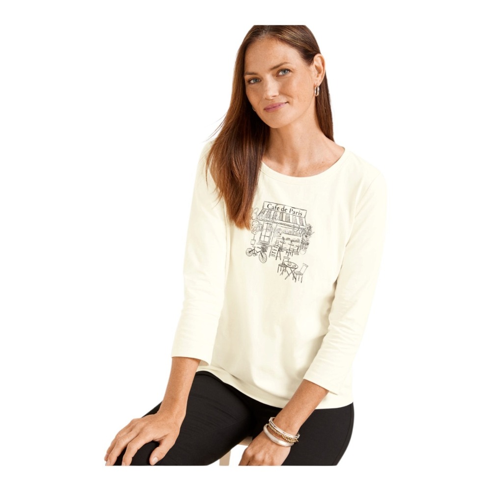 Talbots Cafe de Paris Print Cream Cotton Round Neck Top 3/4 Sleeve Top Womens 2X